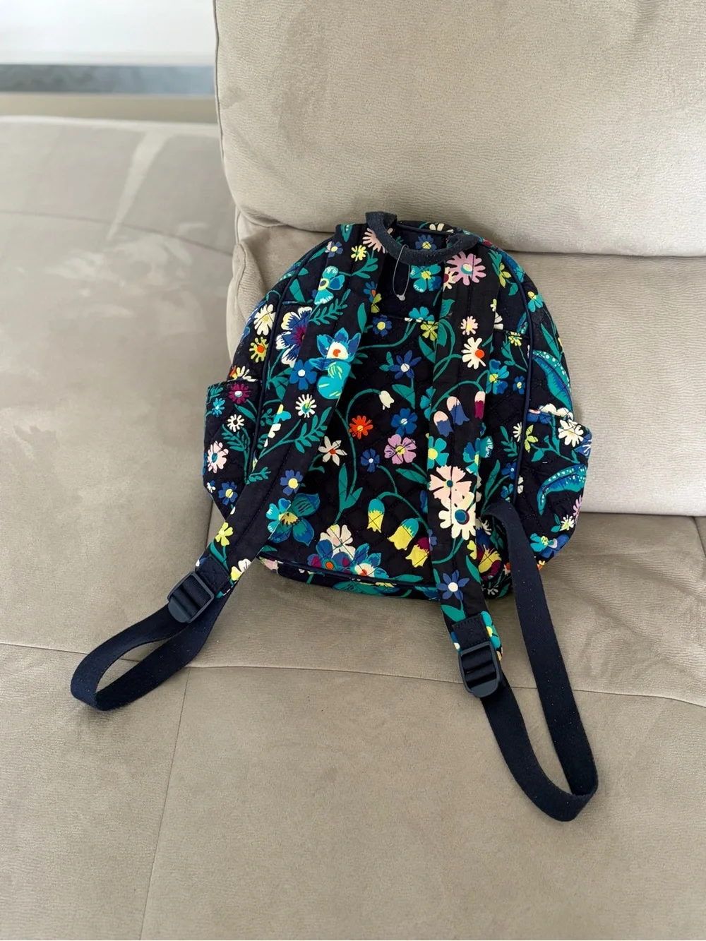 Vera Bradley Black Floral Mini Backpack with Teal, Yellow and White Flowers